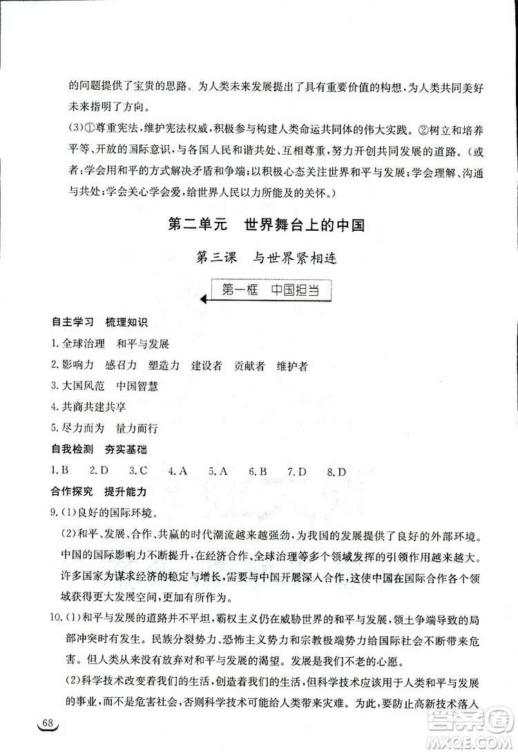 2019年長江作業(yè)本同步練習(xí)冊九年級下冊道德與法治人教版參考答案