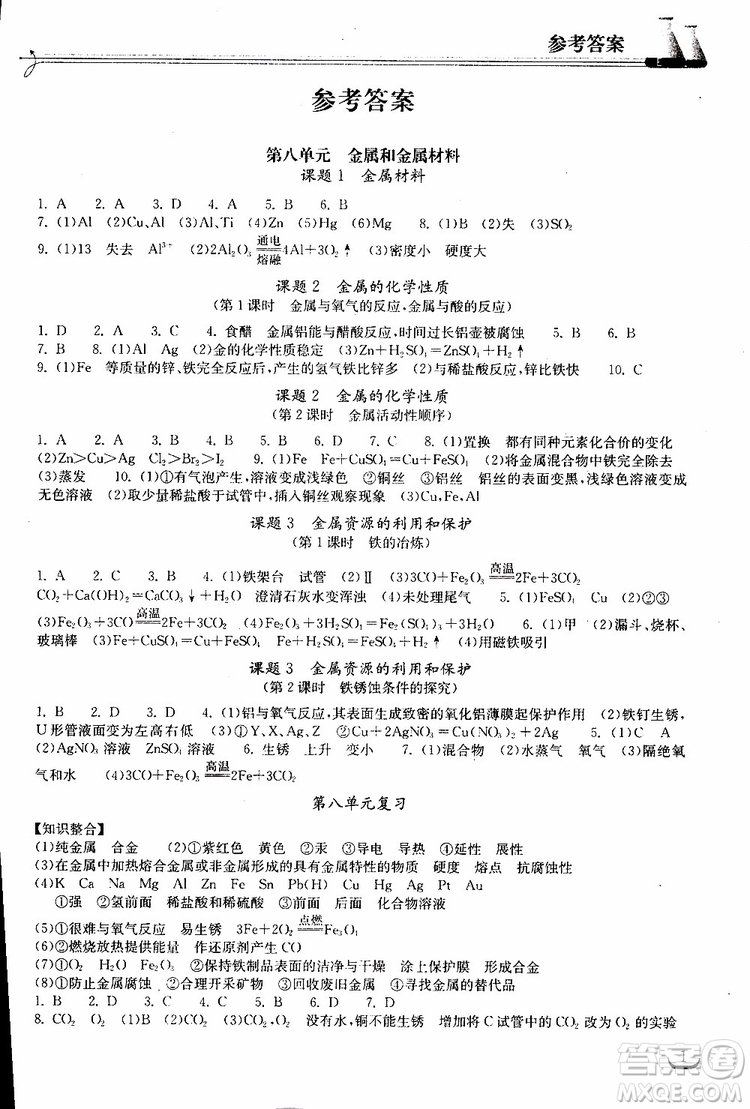 2019年長(zhǎng)江作業(yè)本初中九年級(jí)下冊(cè)化學(xué)同步練習(xí)冊(cè)人教版參考答案