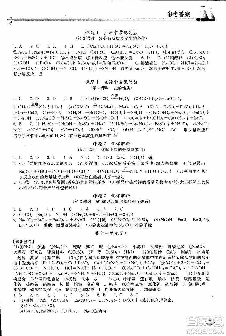 2019年長(zhǎng)江作業(yè)本初中九年級(jí)下冊(cè)化學(xué)同步練習(xí)冊(cè)人教版參考答案