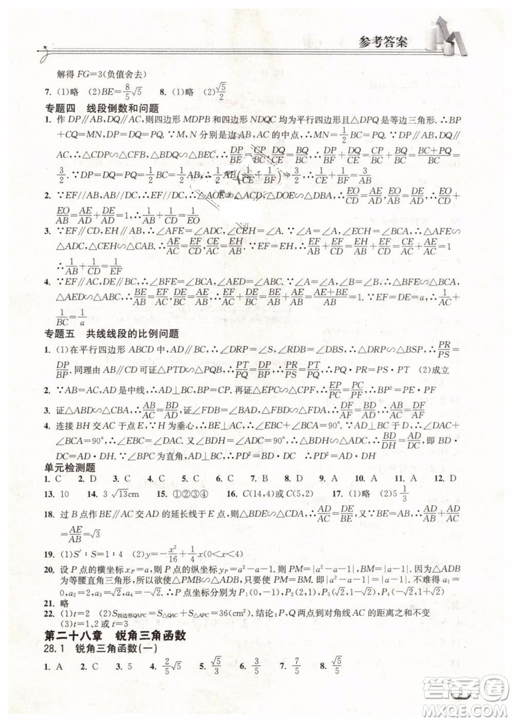 2019新版長江作業(yè)本同步練習(xí)冊九年級數(shù)學(xué)下冊人教版參考答案