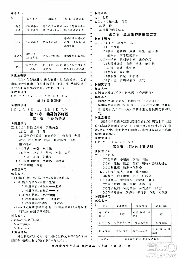 2019春新學(xué)案同步導(dǎo)與練生物學(xué)八年級下冊北師大版參考答案