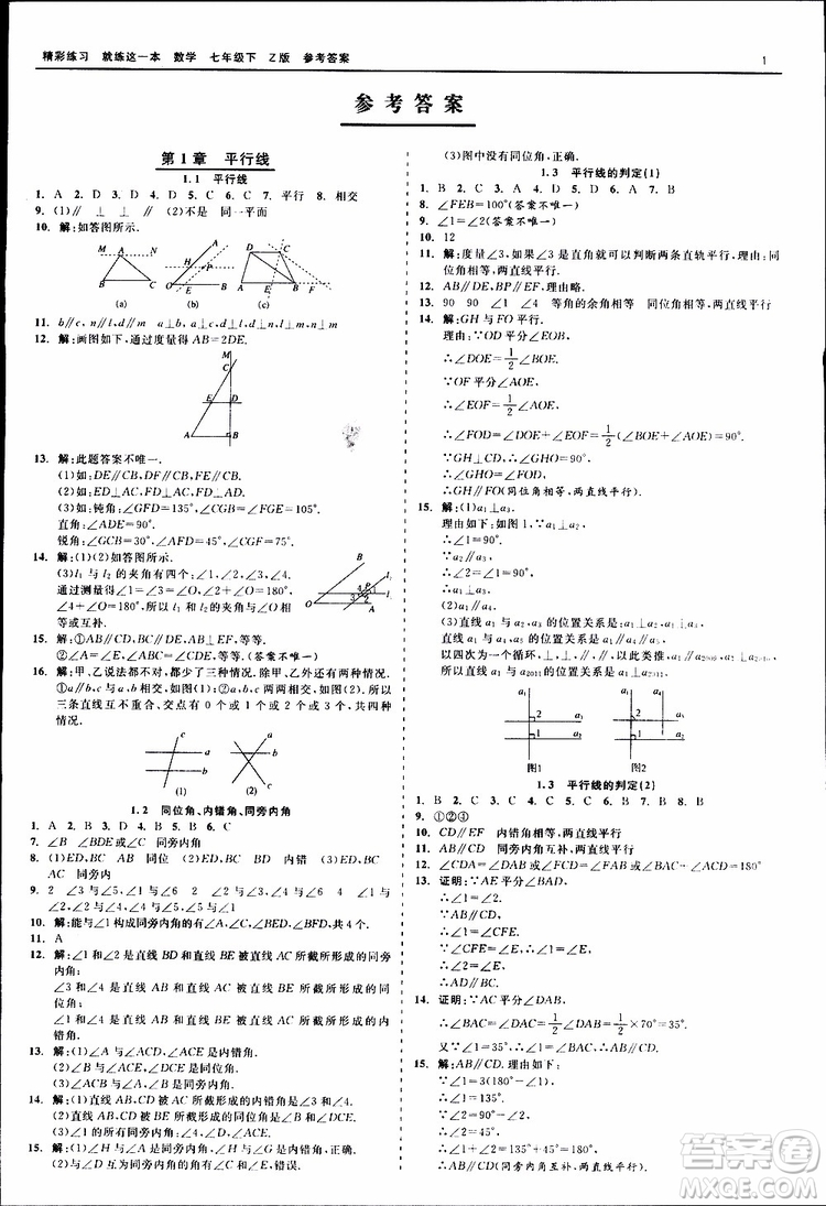 2019年精彩練習(xí)就練這一本七年級下冊數(shù)學(xué)浙教版Z版參考答案