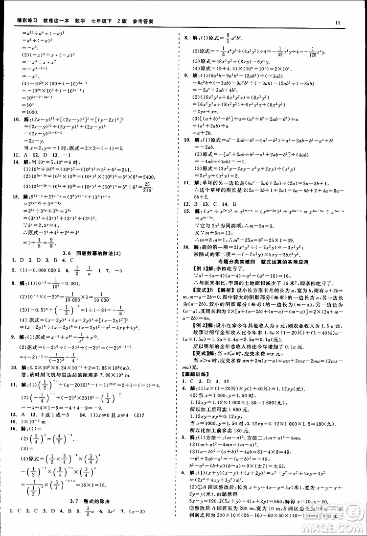 2019年精彩練習(xí)就練這一本七年級下冊數(shù)學(xué)浙教版Z版參考答案