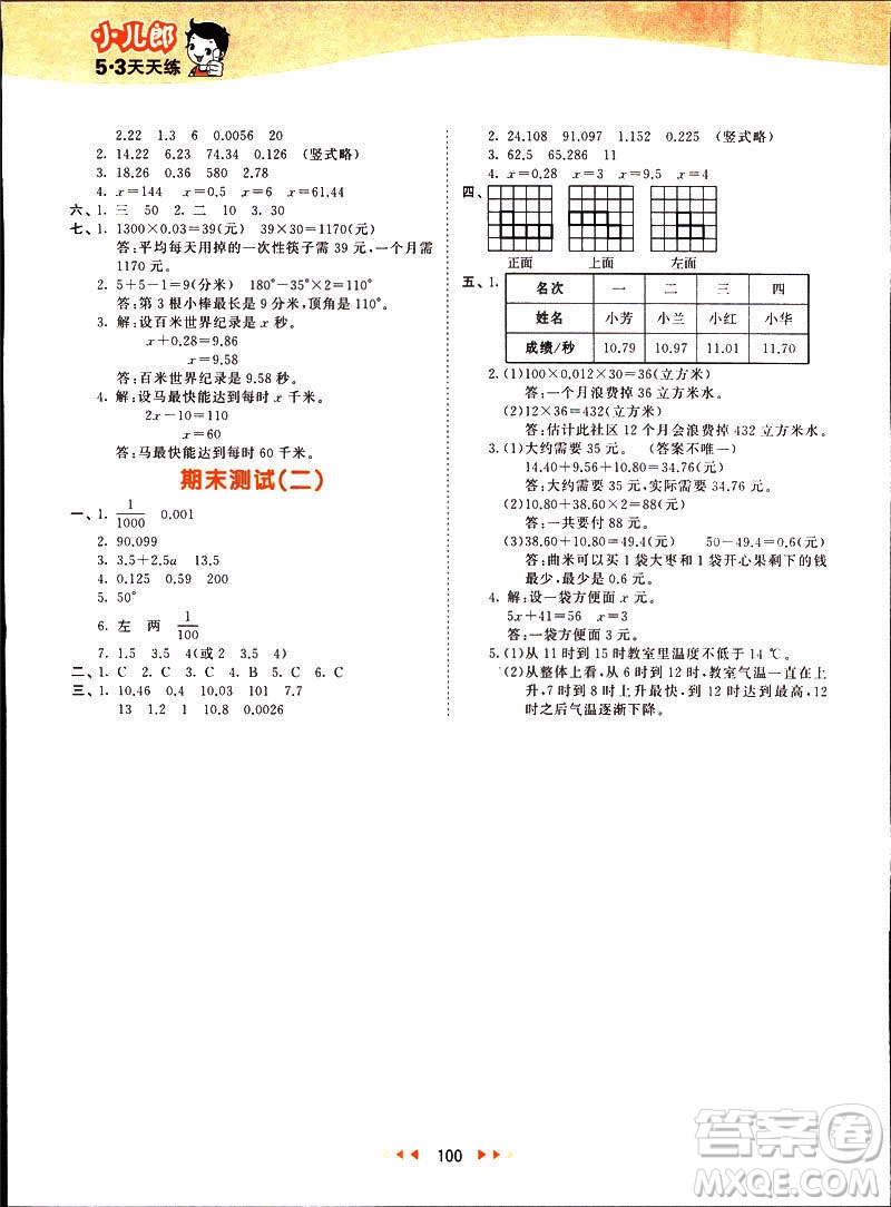 小兒郎2019春季53天天練四年級下冊數(shù)學北師大版參考答案