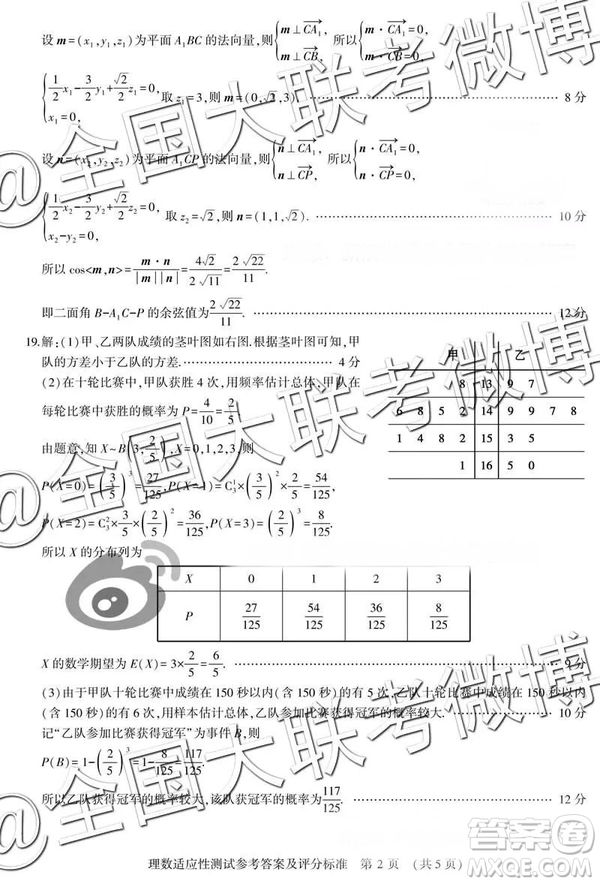 2019年高三河南省高考適應(yīng)性測試?yán)頂?shù)參考答案