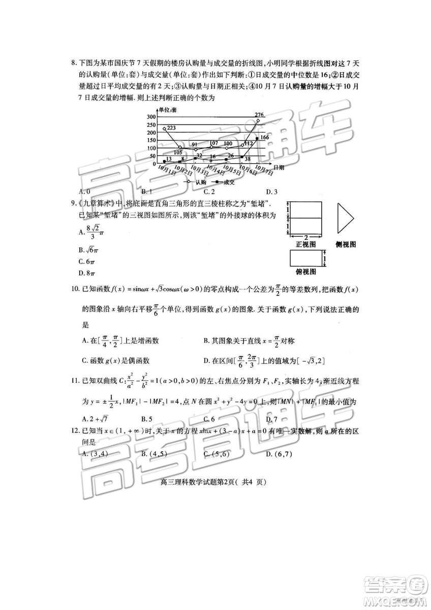 2019年濟(jì)寧一模高三數(shù)學(xué)試題及參考答案