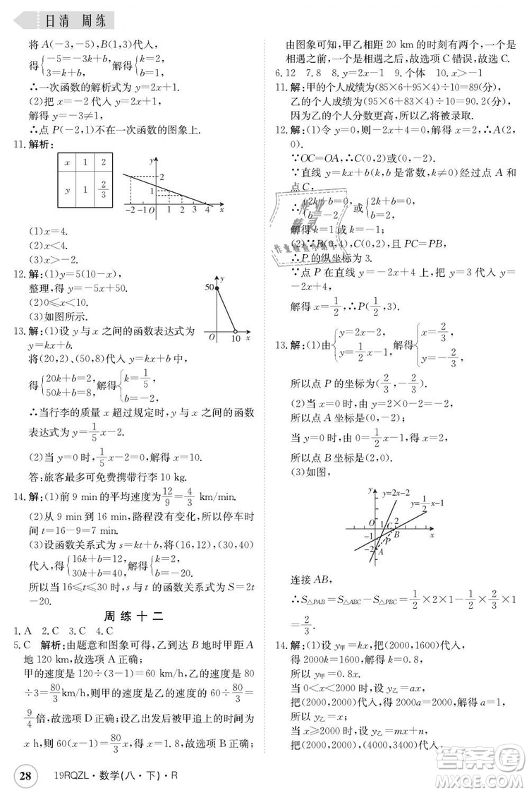 金太陽教育2019新版日清周練人教版八年級(jí)數(shù)學(xué)下冊(cè)參考答案