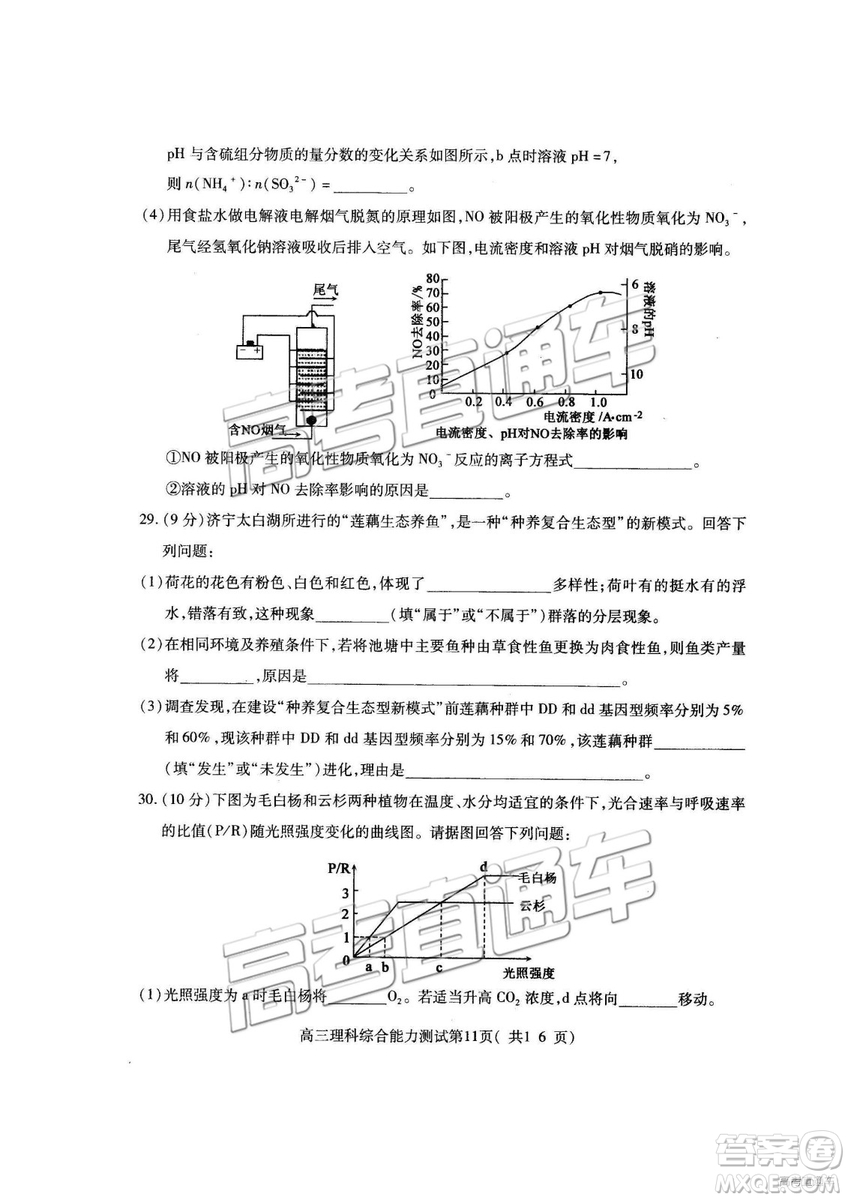 2019年高三濟寧一模理綜試題及參考答案