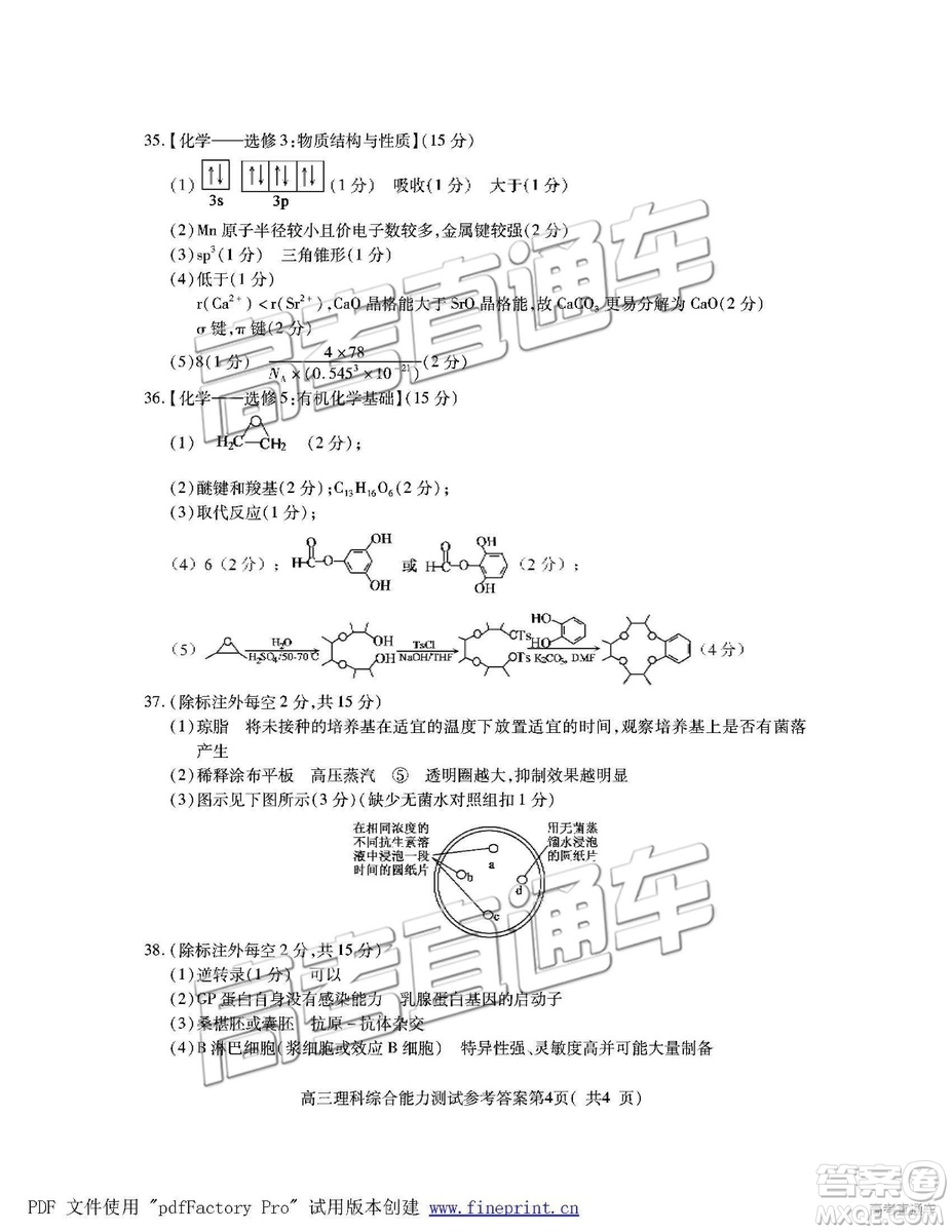 2019年高三濟寧一模理綜試題及參考答案