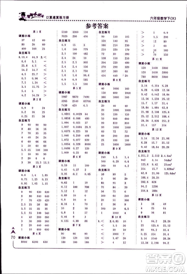 2019年春人教版RJ黃岡小狀元口算速算練習(xí)冊六年級下冊參考答案