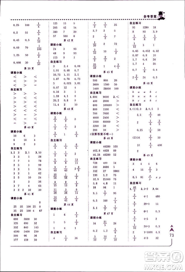 2019年春人教版RJ黃岡小狀元口算速算練習(xí)冊六年級下冊參考答案