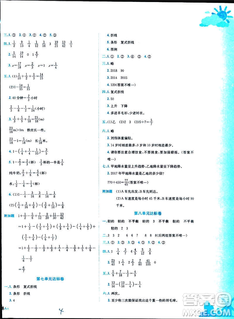 2019新版黃岡小狀元達標卷小學(xué)數(shù)學(xué)五年級數(shù)學(xué)下冊R人教版參考答案