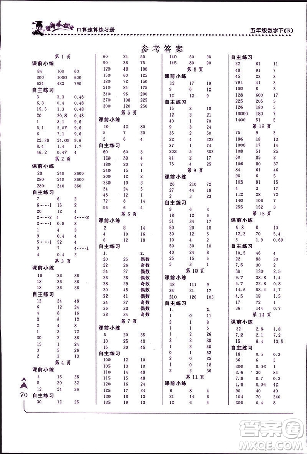 2019年春新版5年級(jí)下冊(cè)數(shù)學(xué)人教版RJ黃岡小狀元口算速算練習(xí)冊(cè)答案