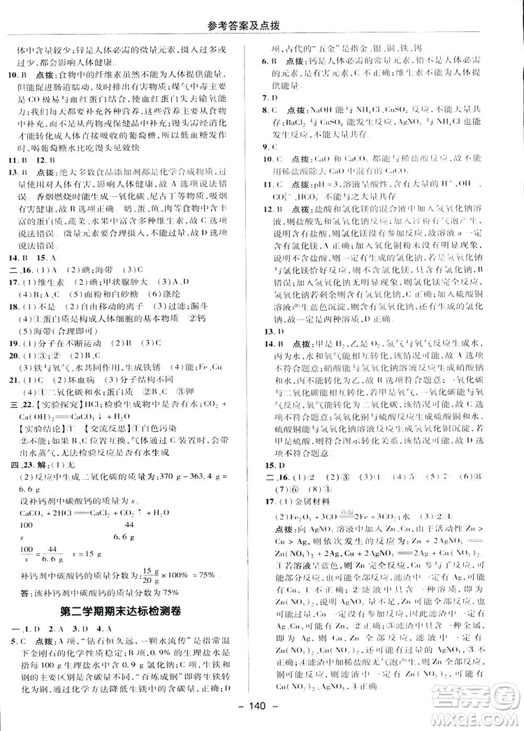 典中點綜合應(yīng)用創(chuàng)新題2019九年級下冊化學(xué)人教版答案