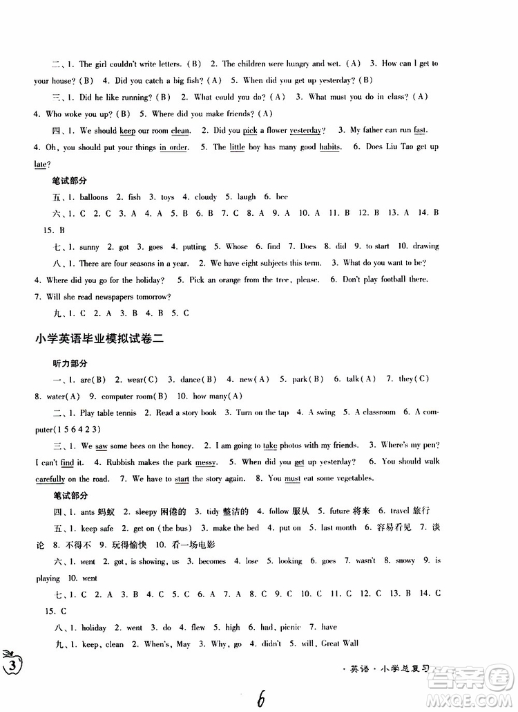 東南大學(xué)出版社2019年江蘇密卷六年級英語小學(xué)總復(fù)習(xí)參考答案