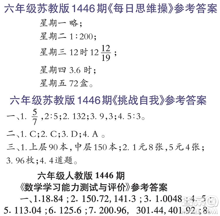 小學(xué)生數(shù)學(xué)報(bào)2019年六年級(jí)第1446期答案