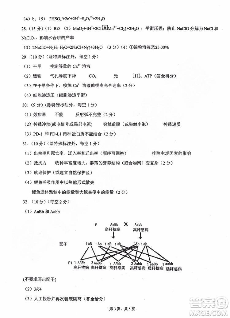 2019年哈三中高三高考模擬考試零模理綜試卷答案