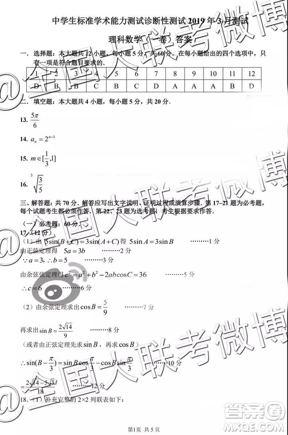 中學(xué)生標(biāo)準(zhǔn)學(xué)術(shù)能力診斷性測(cè)試2019年3月測(cè)試數(shù)學(xué)參考答案