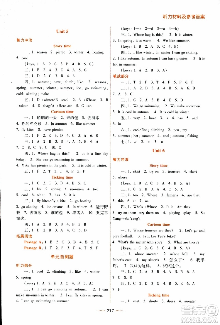 2019春名師點(diǎn)撥四年級(jí)英語(yǔ)下江蘇版參考答案