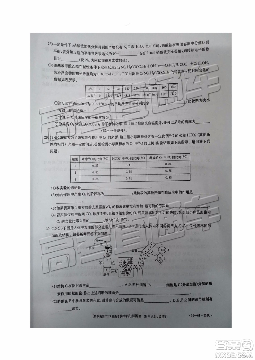 2019年黔東南州一模文綜理綜試題及參考答案