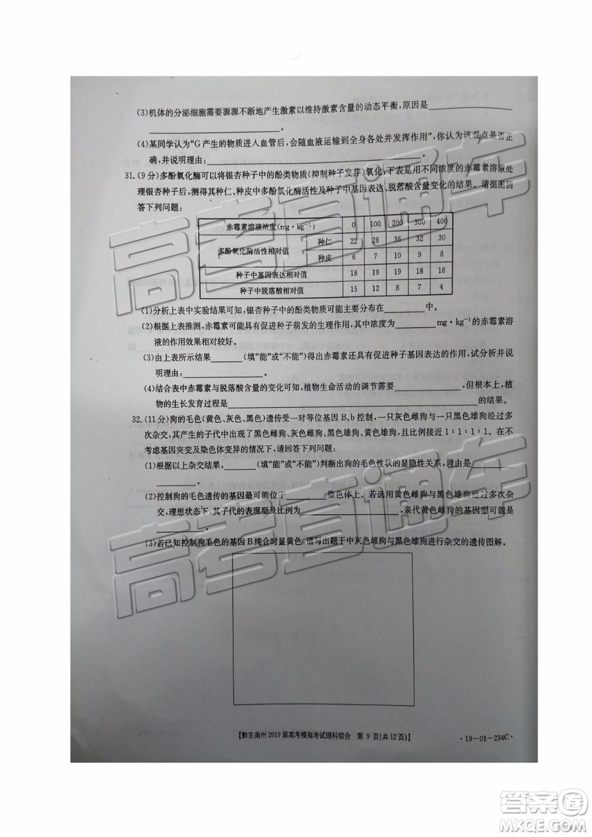 2019年黔東南州一模文綜理綜試題及參考答案