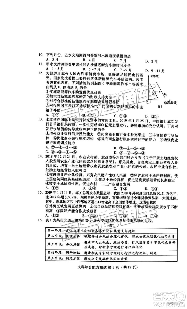 2019年3月濰坊一模文綜、理綜試題及參考答案