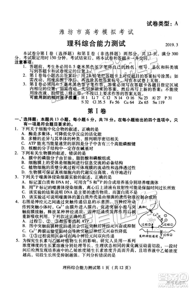 2019年3月濰坊一模文綜、理綜試題及參考答案