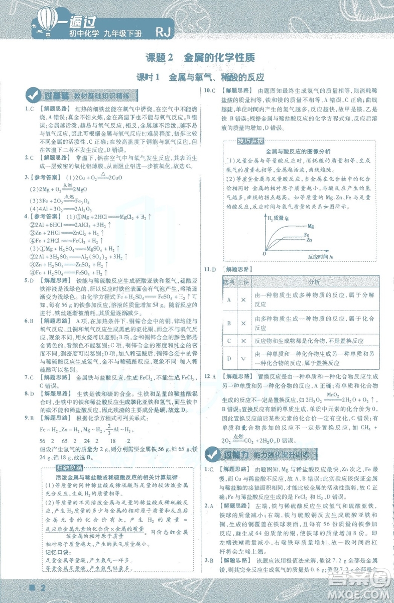 2019版一遍過初中化學(xué)九年級(jí)下冊(cè)RJ人教版南京師范大學(xué)出版社答案