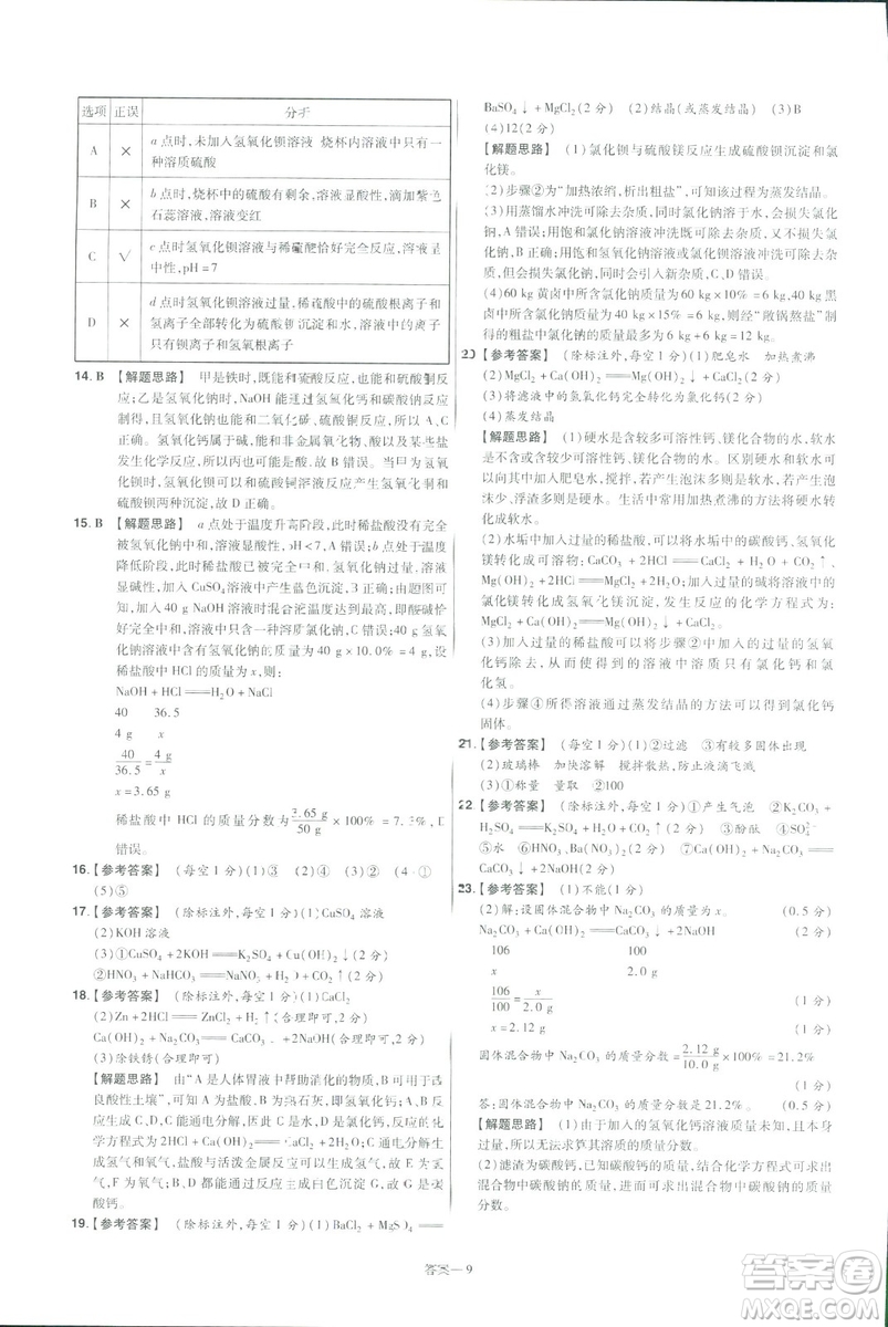 2019版一遍過初中化學(xué)九年級(jí)下冊(cè)RJ人教版南京師范大學(xué)出版社答案