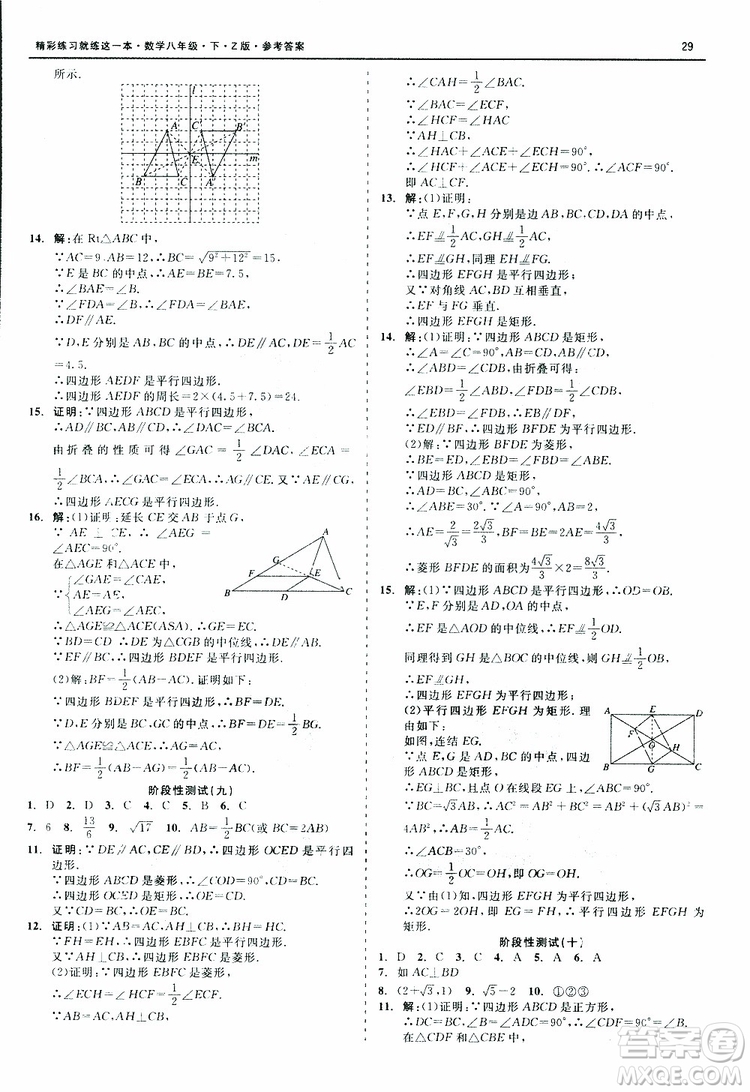 2019年精彩練習(xí)階段性測試數(shù)學(xué)Z版八年級下參考答案