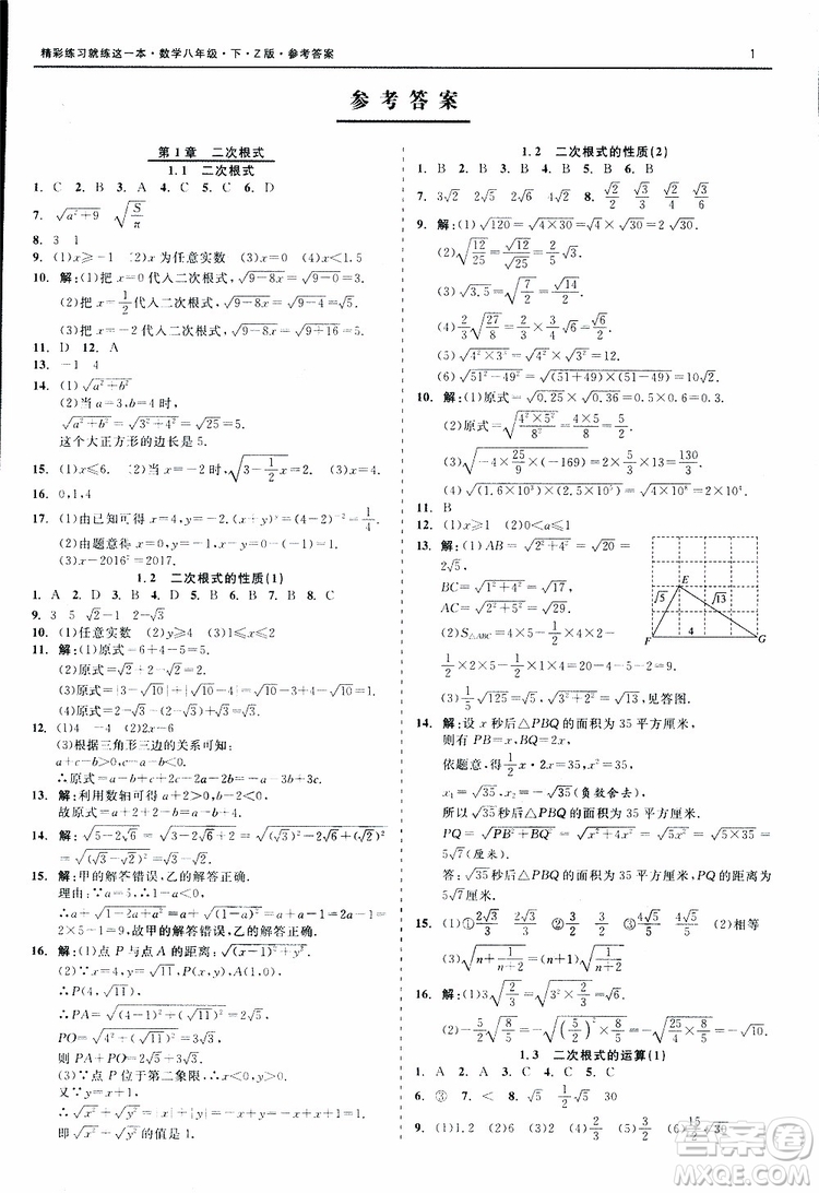 2019年精彩練習(xí)就練這一本八年級下冊數(shù)學(xué)Z版浙教版9787517813545參考答案