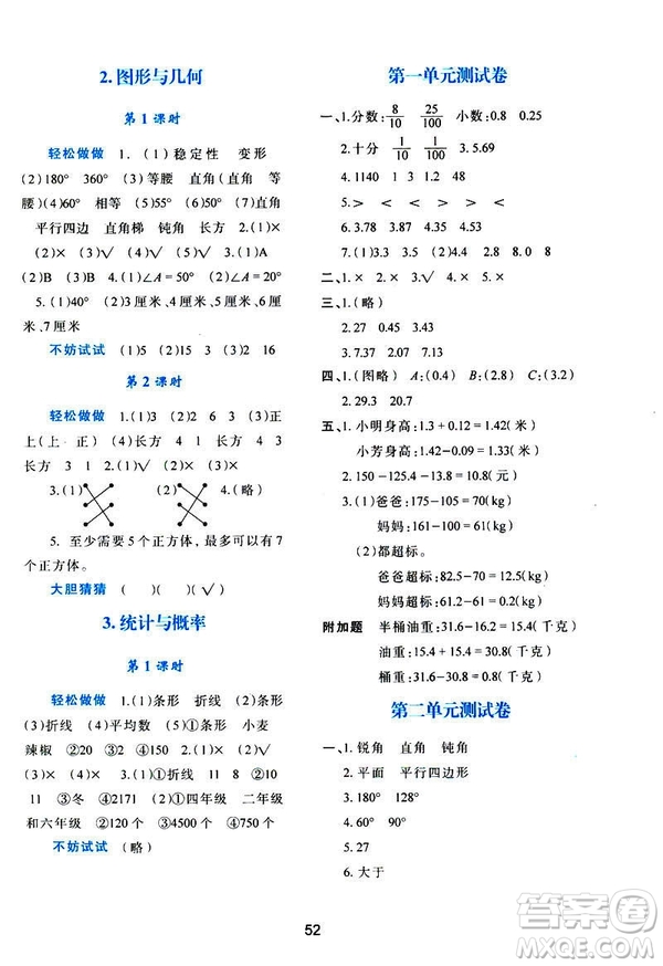 2019年春四年級(jí)數(shù)學(xué)新課程學(xué)習(xí)與評(píng)價(jià)下冊(cè)C版北師大版參考答案