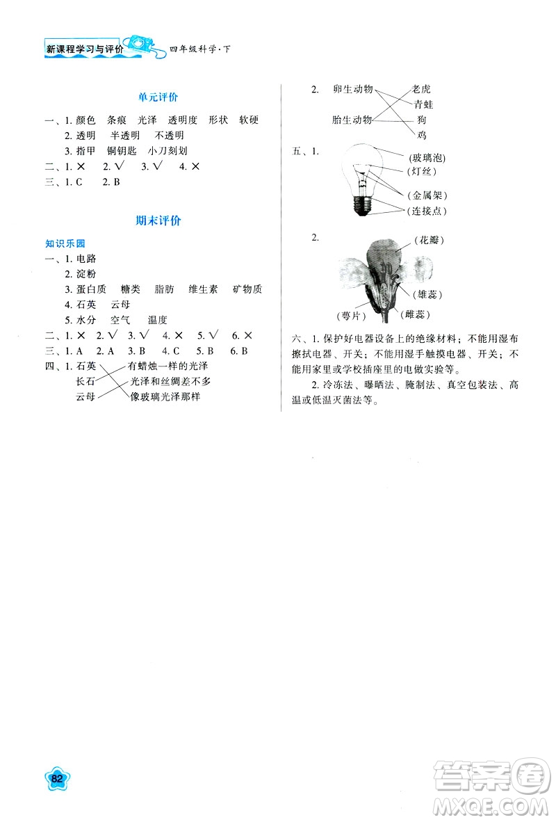 2019年新課程學習與評價K版四年級下冊科學套教科版答案