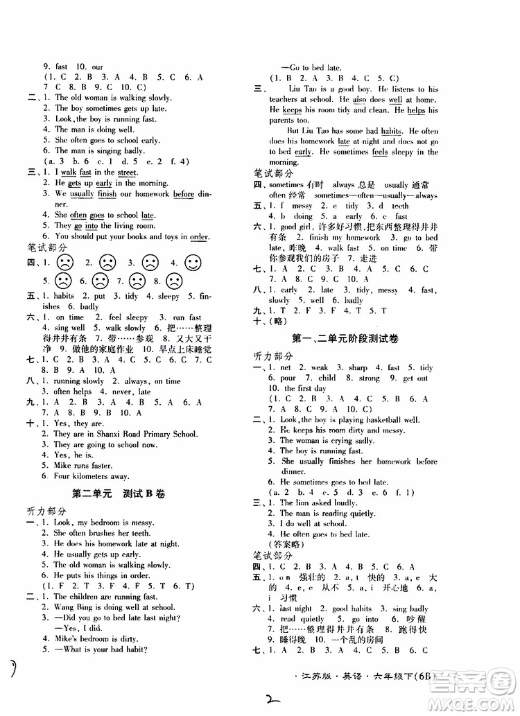 江蘇密卷2019年六年級(jí)下冊(cè)英語(yǔ)譯林版江蘇版參考答案