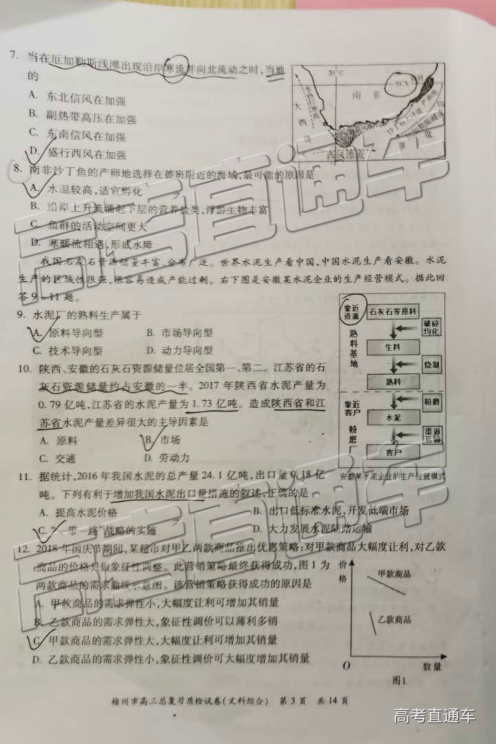 2019年3月梅州一模文綜理綜參考答案