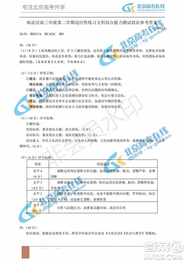 2019年北京海淀區(qū)高三零模文綜理綜試題及答案解析