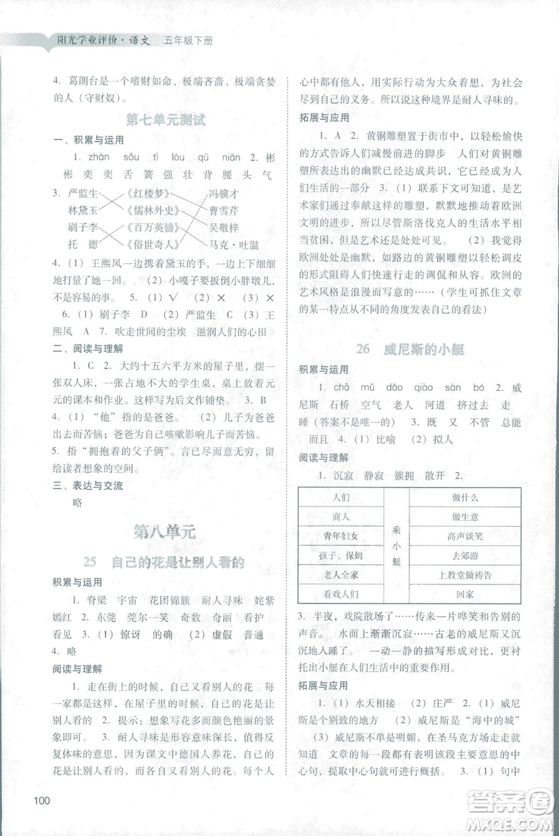 2019人教版廣州專用陽光學(xué)業(yè)評價五年級下冊語文答案