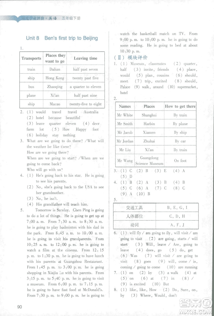 2019年教科版陽光學(xué)業(yè)評(píng)價(jià)五年級(jí)下冊(cè)英語廣州專用參考答案