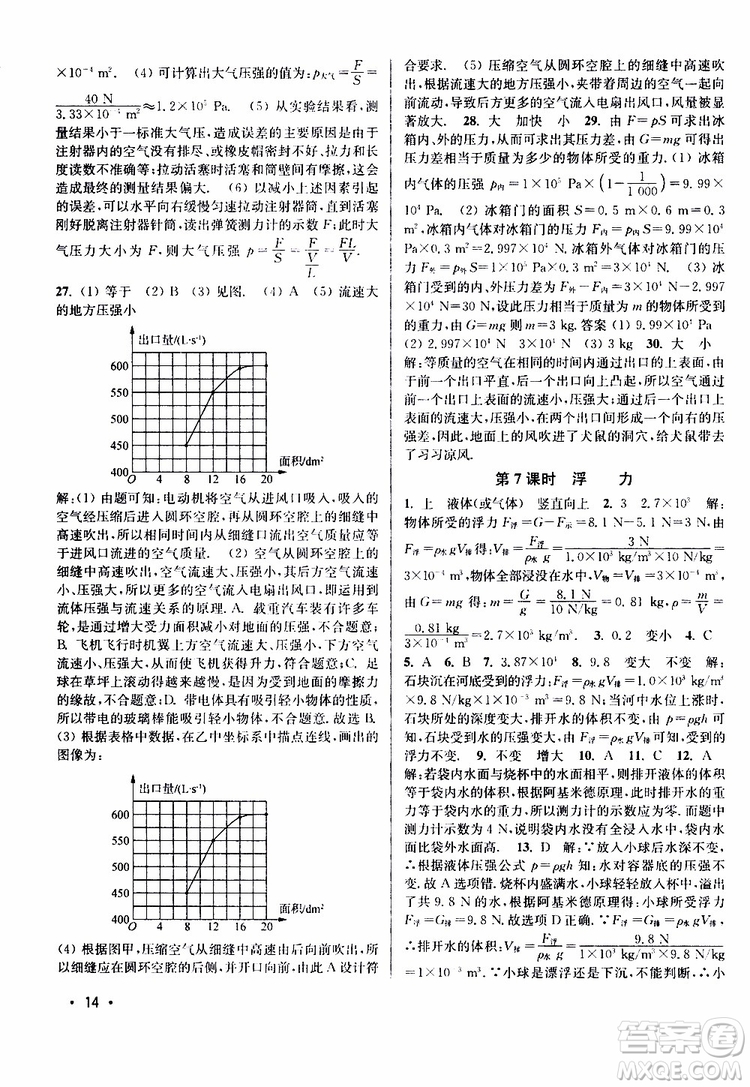 靈星教育2019春8年級(jí)物理下冊(cè)百分百訓(xùn)練江蘇版參考答案