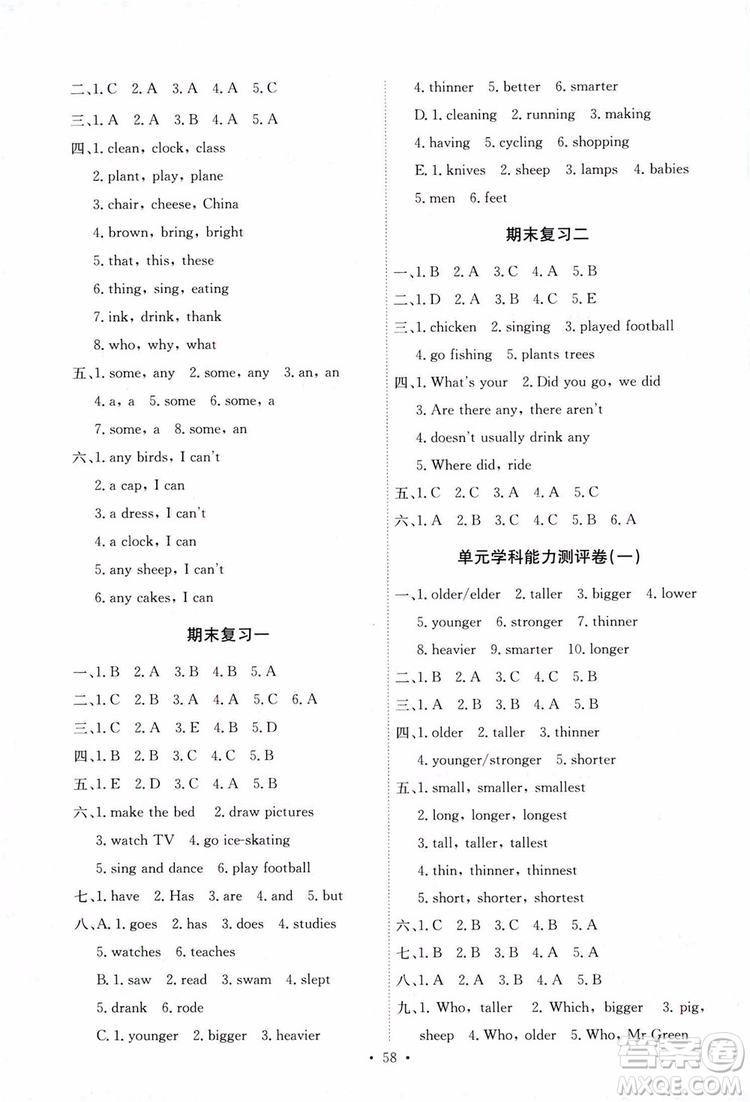 人教PEP版2019年六年級(jí)下冊(cè)英語(yǔ)能力培養(yǎng)與測(cè)試參考答案