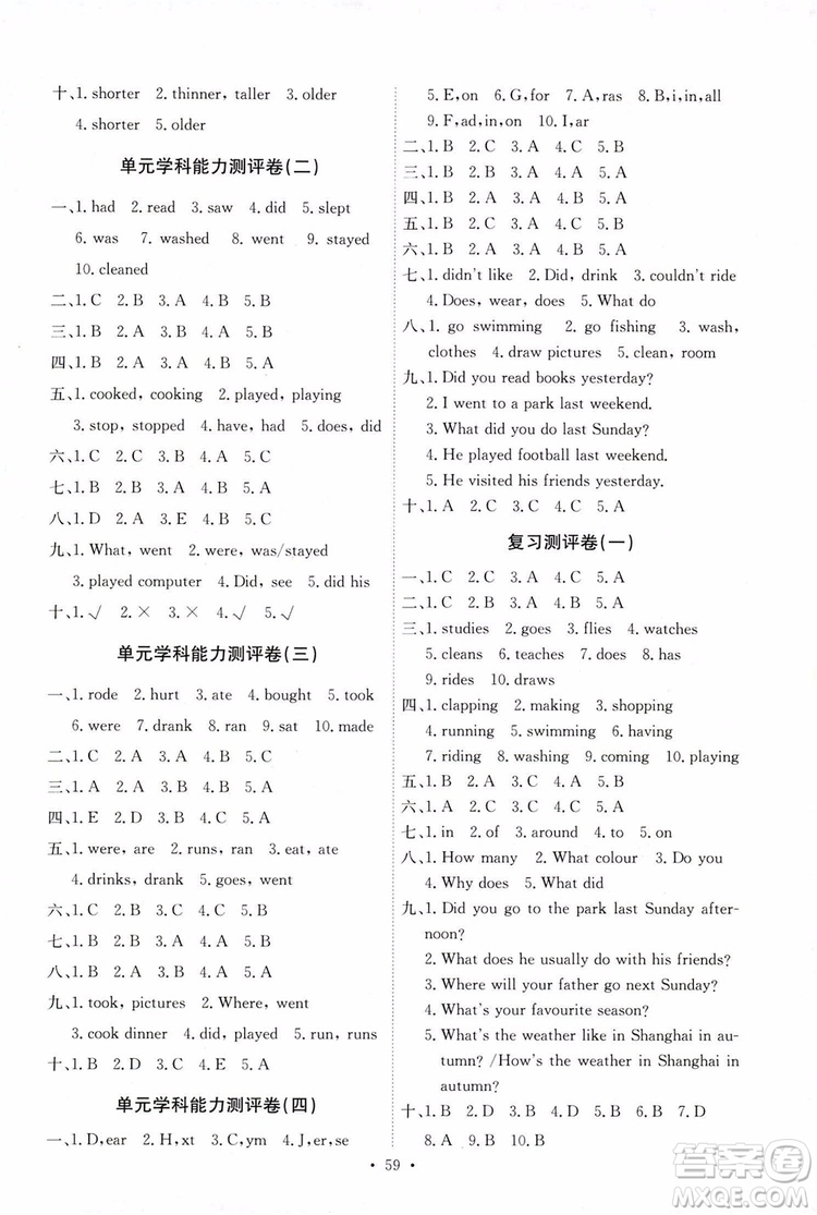 人教PEP版2019年六年級(jí)下冊(cè)英語(yǔ)能力培養(yǎng)與測(cè)試參考答案