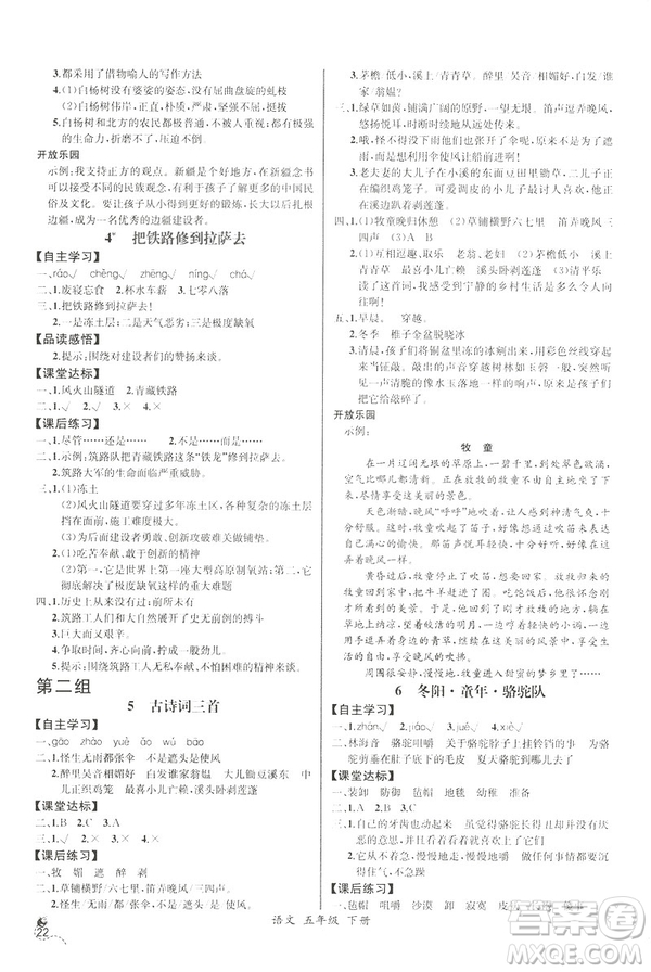 2019新人教版小學(xué)五年級下冊語文課時練同步導(dǎo)學(xué)案河北專版答案