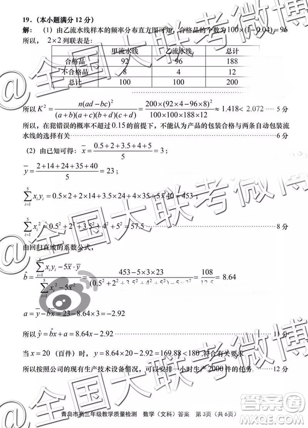 2019年3月青島一模數學參考答案