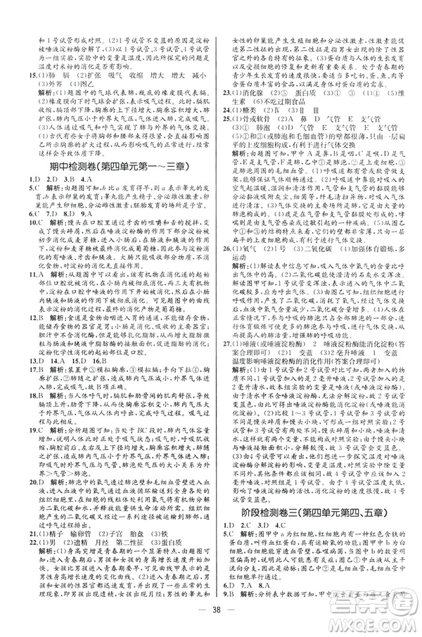 2019人教版七年級(jí)下冊(cè)生物學(xué)課時(shí)練同步學(xué)歷案河北專版參考答案