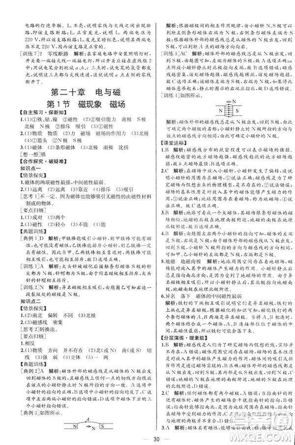 河北專版2019人教版初中九年級下冊物理課時練同步學(xué)歷案答案