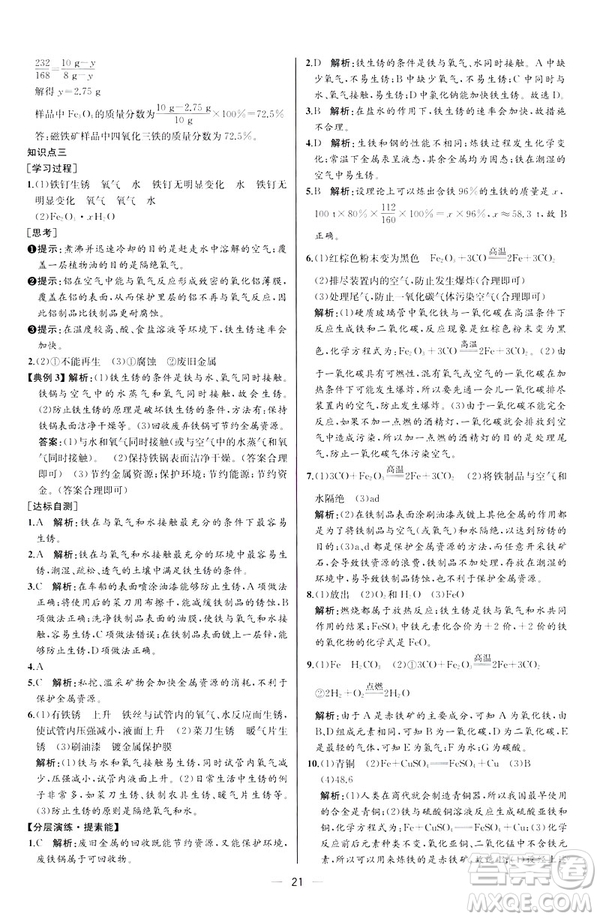 2019人教版初中九年級下冊化學(xué)課時練同步學(xué)歷案河北專版答案