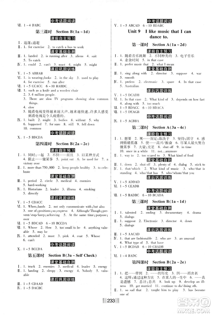 2019年一路領(lǐng)先課時練提速訓(xùn)練九年級全一冊R人教版參考答案