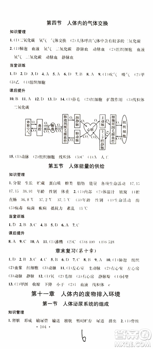 中國地圖出版社2019版名校課堂七年級生物下冊RJ人教版參考答案