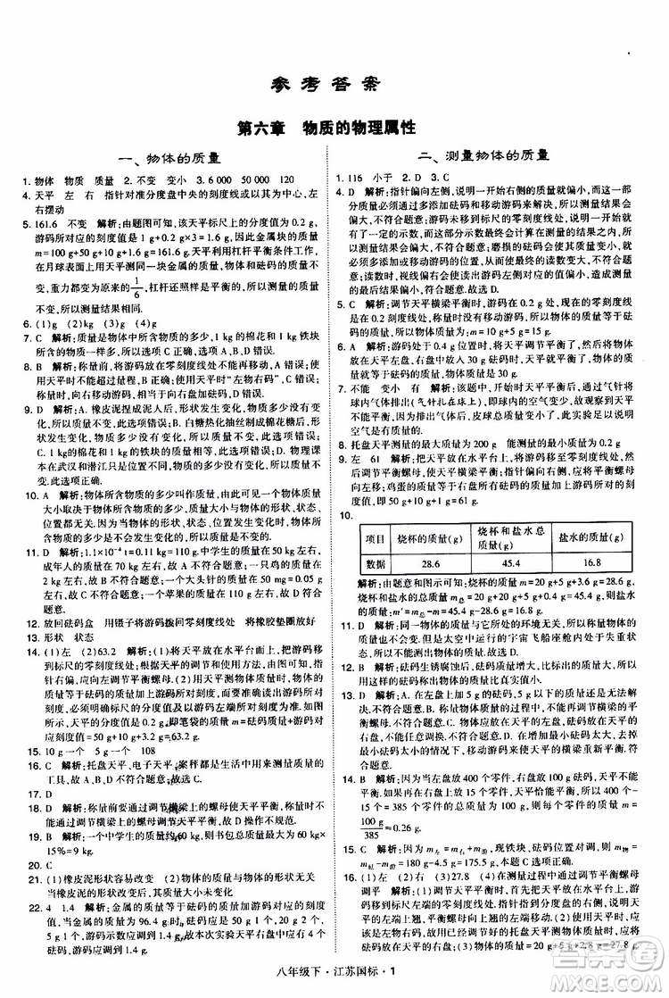 經(jīng)綸學(xué)典2019版學(xué)霸題中題物理八年級下冊江蘇國標(biāo)第三次修訂參考答案