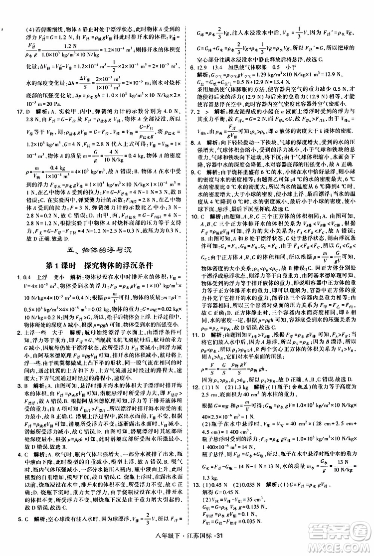 經(jīng)綸學(xué)典2019版學(xué)霸題中題物理八年級下冊江蘇國標(biāo)第三次修訂參考答案